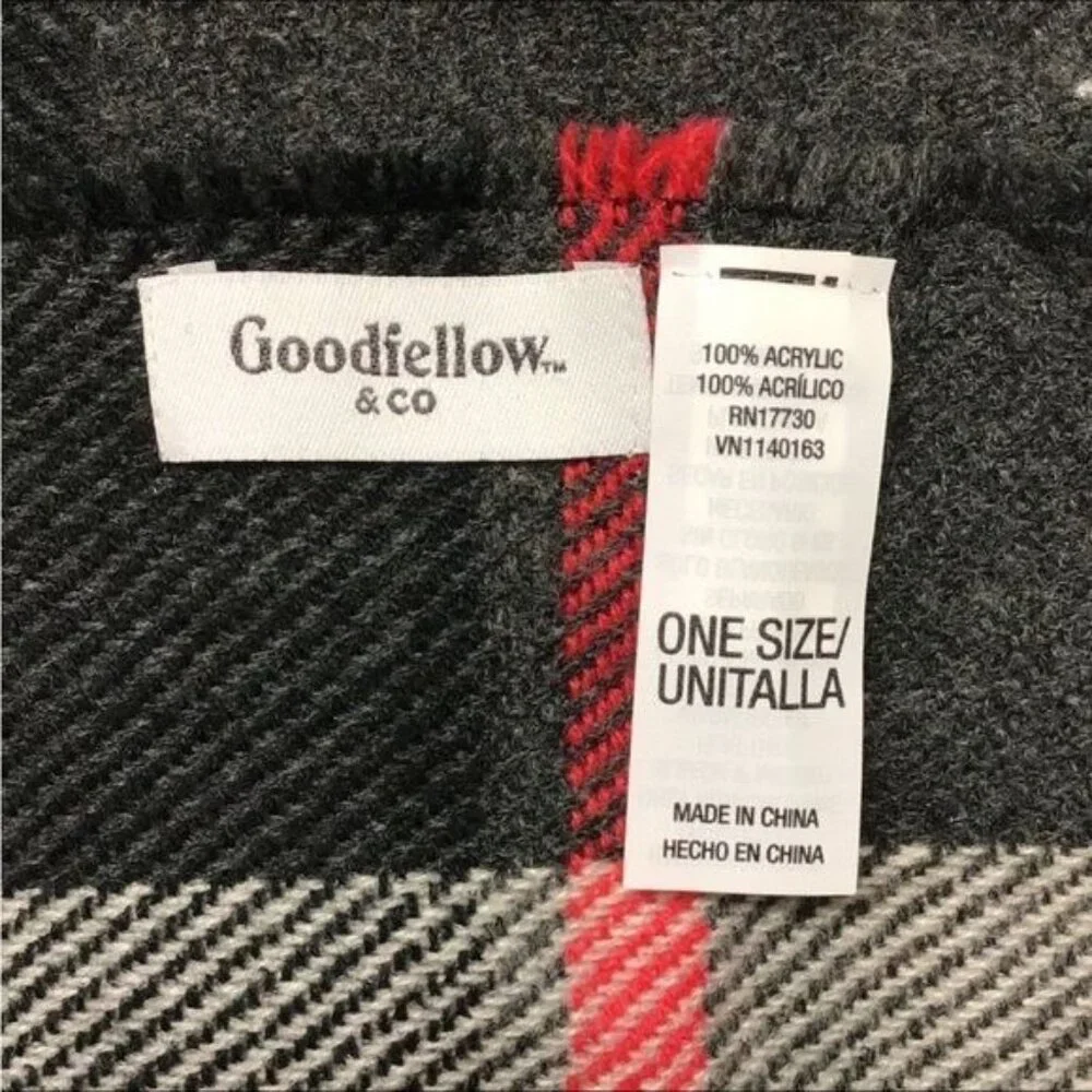 Goodfellow & Co. Mens Raw Edge Plaid Scarf with Fringe, Gray, OSFA